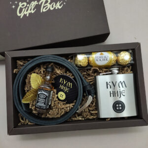 poklon set sa pljoskom i kožnim kaišem Jack Daniels viskijem i Ferrero Rocherom